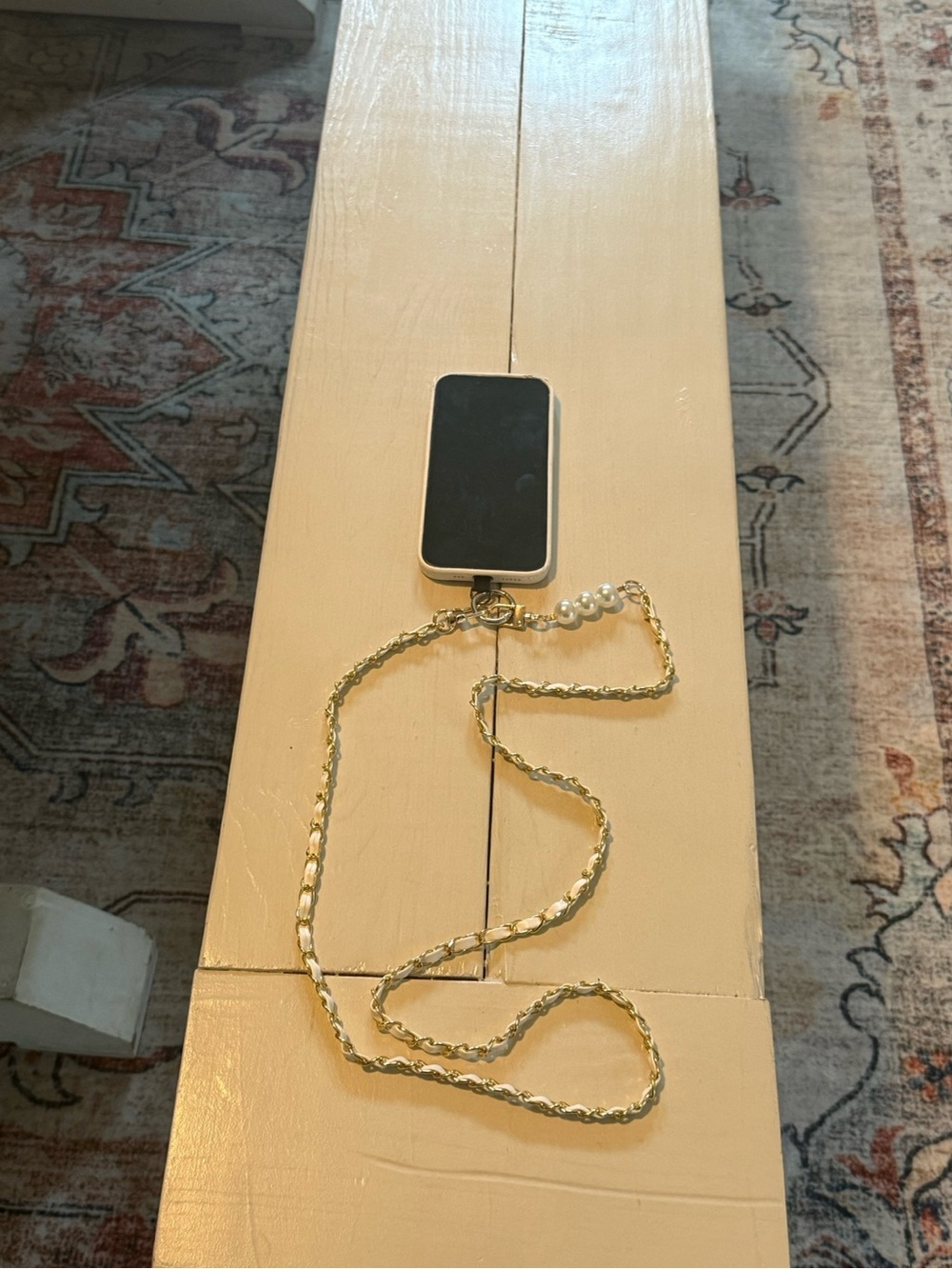 White and Gold Chain phone strap with Pearl Accent